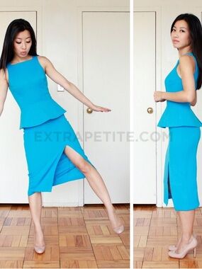 ASOS Petite Blue Peplum Midi Dress Size 0 XXS Fitted Slit Work Occasion Wedding